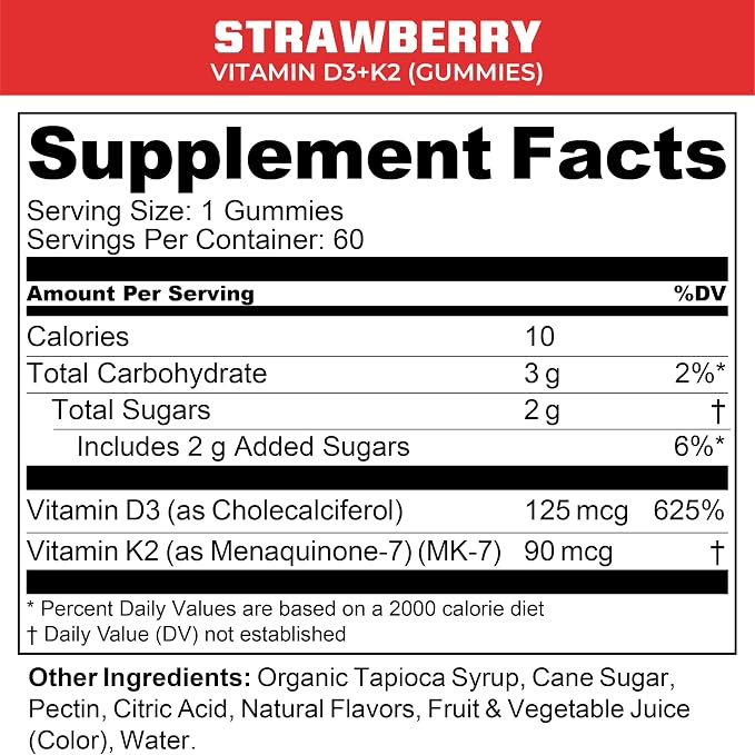 MTN OPS Vitamin D3 K2 Gummies, 5000 IU Vitamin D3 and Vitamin K2 MK7, Naturally Gluten-Free with Natural Strawberry Flavor, 60 Soft-Chew Gummies, 60 Servings per Container
