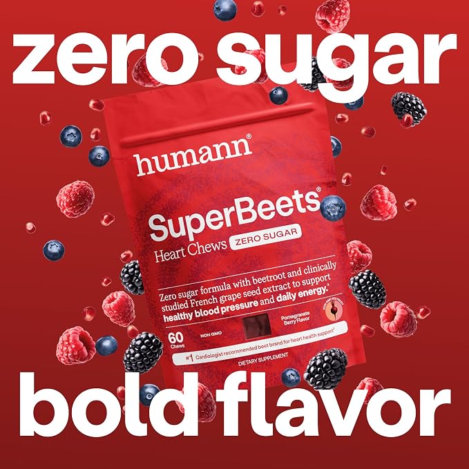 Humann SuperBeets Heart Chews Zero Sugar, Beet Root Supplement, Energy, Nitric Oxide and Blood Pressure Support, Grape Seed Extract & Non-GMO, Heart Health, Pomegranate Berry Flavor, 60 Count