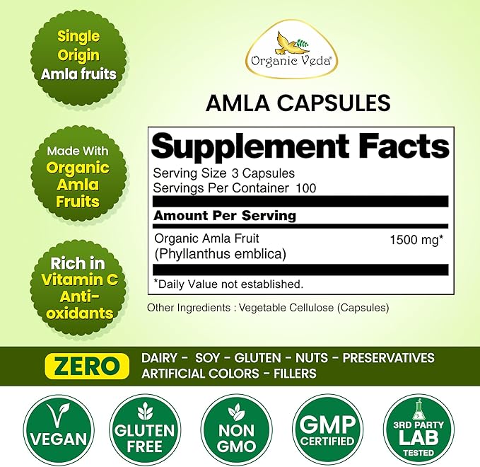 Organic Veda Amla Capsules - 1500mg, 300 Capsules - Natural Vitamin C Supplement with Antioxidants, Polyphenol for Immunity, Skin Glow & Hair Growth - Single Origin Premium Organic Amla Fruit Powder