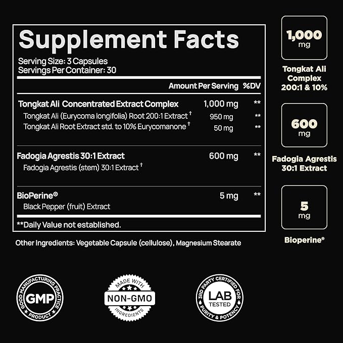 200x Strength Tongkat Ali for Men w. Fadogia Agrestis Extract - 10% Eurycomanone Longjack Highest Potency Fadogia Agrestis Tongkat Ali Supplement - Muscle Growth & Test Booster Pills for Men