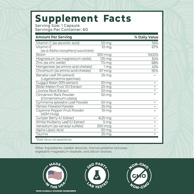 PurePremium Normal Blood Sugar Support Supplement - 20 Active Ingredients Complex to Support Blood Sugar Levels Already in The Normal Range - with Cinnamon, Bitter Melon, Chromium, Mulberry - 60ct