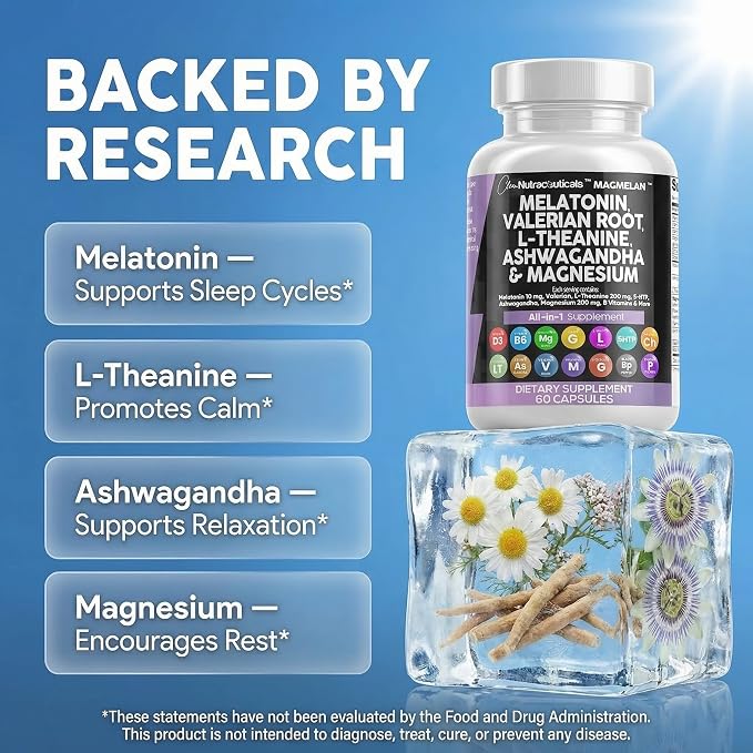 Clean Nutraceuticals Melatonin 10mg Valerian Root L Theanine 200mg Ashwagandha - Sleep Support for Women & Men with Magnesium Complex, Lemon Balm, Chamomile, & Passion Flower - 60 Caps
