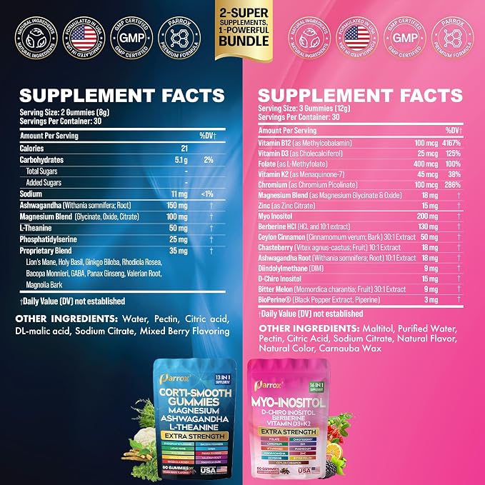Cortisol & Myo-Inositol Gummies, Berberine, Soothe & Smooth, 2 Pack | With D-Chiro Inositol, Berberine, Magnesium, Ashwagandha, L-Theanine, Vitamins D3+K2 & B12, Folate, Zinc