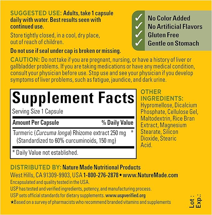 Nature Made High Absorption Turmeric Curcumin Supplement Capsules, Turmeric Supplement, Muscle and Joint Support, 30 Capsules, 30 Day Supply