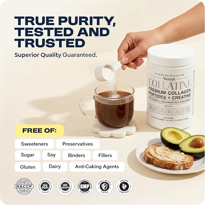Collatine - Premium Collagen Peptides + Creatine with Vitamin C, Hyaluronic Acid and Magnesium for Skin, Hair, Nails, Bone & Joint, Muscle, Immune and Cognitive Aid (1.1 LB (500 G/17.6 OZ)