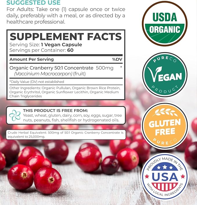 Organic Cranberry Pills - Vegan Supplement for Urinary Tract Health & Kidney Cleanse - Cranberry Pills for Women 500mg 50:1 Cranberry Concentrate Per Serving - Urinary Tract Support - 60 Capsules