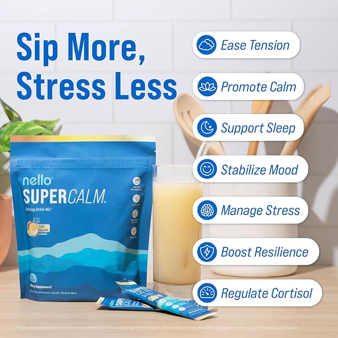 Nello Supercalm Powdered Drink Mix, Cortisol Reducer* and Sleep Aid Supplement, L Theanine, Ksm-66 Ashwagandha, Magnesium Glycinate, Vitamin D 3, No Sugar, Non GMO, On The Go, 20 Ct, Pina Colada