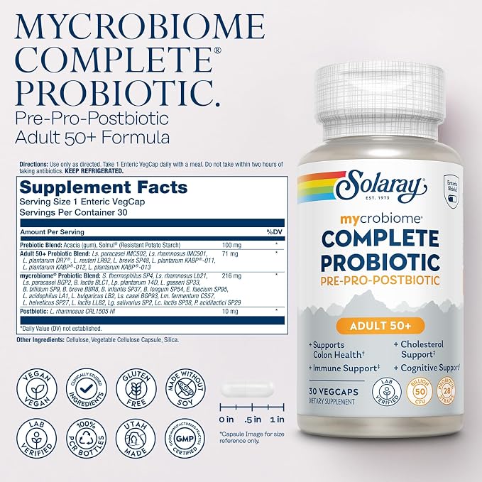 SOLARAY Mycrobiome Complete Probiotic Adult 50 Plus - Pre and Probiotics for Women and Men Plus Postbiotic - 50 Billion CFU, 28 Strains - Vegan - 30 Servings, 30 VegCaps
