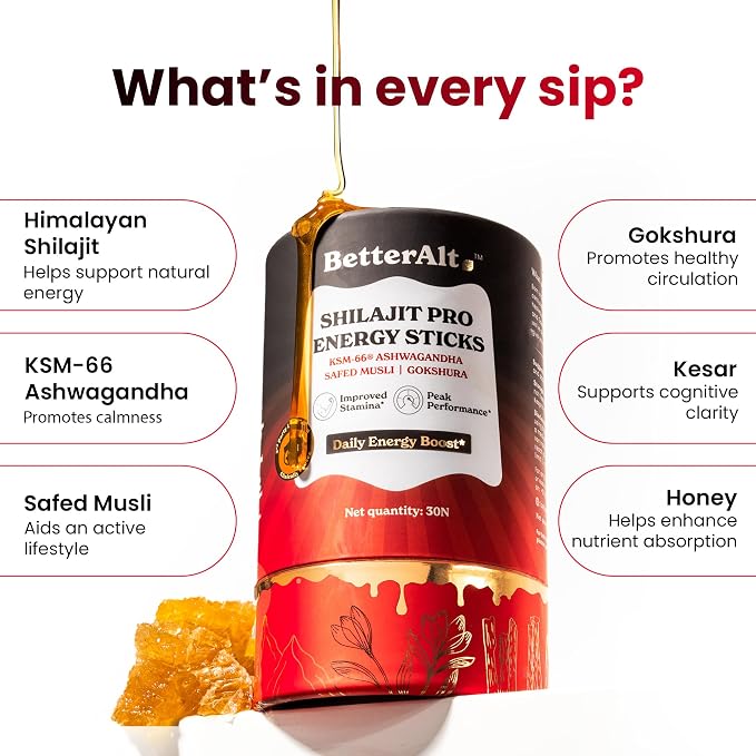 Better Alt Energy Pro Energy Sticks | Natural Energy Booster with Shilajit, KSM-66 Ashwagandha, Safed Musli & Gokshura |30 Sticks| for Men & Women