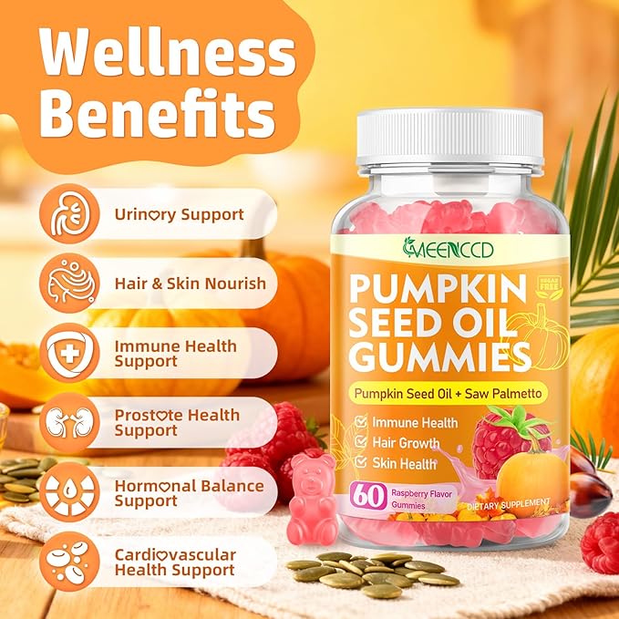 2 Pack Pumpkin Seed Oil Gummies with Saw Palmetto, Pumpkin Seed Oil for Hair and Skin Health, Pumpkin Seed Extract for Women Men, Sugar-Free, Raspberry Flavor, 120 Count