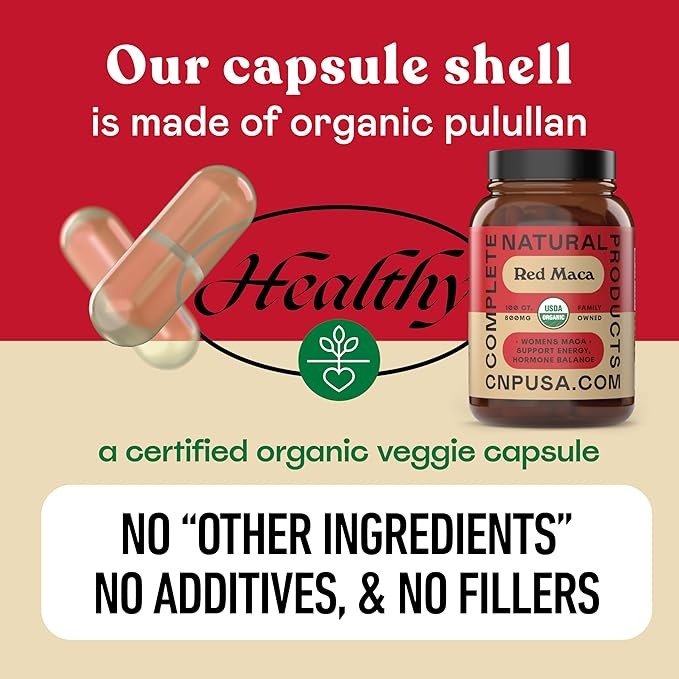 Organic Red Maca Root Capsules 800mg - Gelatinized Red Maca Powder Supplement, Plant Based Vegetarian Pills, Non GMO Clean Formula, 100 Count Glass Bottle, Made in USA Certified Organic Supplement