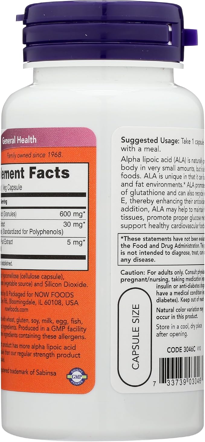 Now Foods Alpha Lipoic Acid 600mg 60 Vegi Capsules