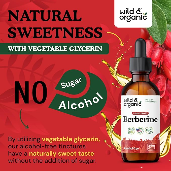Wild & Organic Berberine Supplement 500mg - Antioxidant Support - HCL Berberine Liquid Drops - Add to Tea Tincture - Berberis Aristata Bark Extract - Vegan, Alcohol & Sugar-Free - 2 fl oz