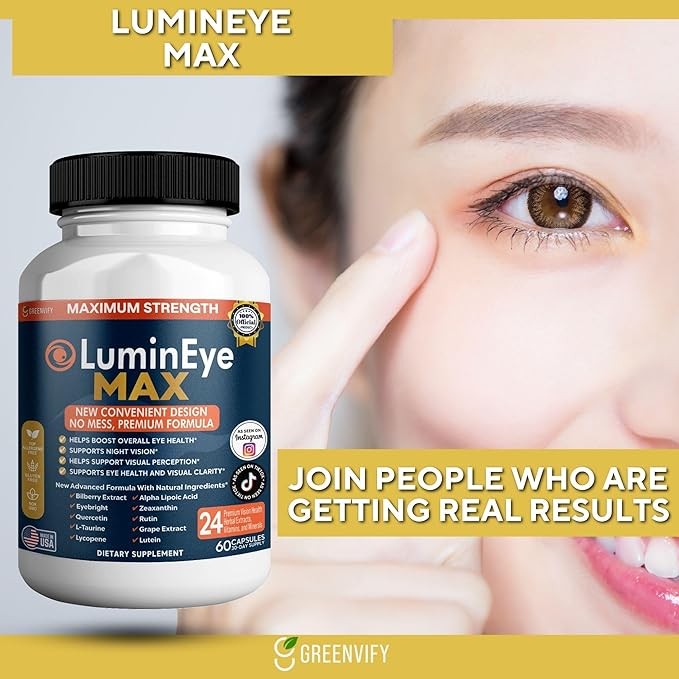 LuminEye MAX Eye Health Supplement, 60 Veggie Capsules, with Lutein, Bilberry Extract, 24 Premium Ingredients, Maximum Strength Vision Support (1)