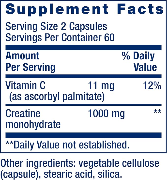 Life Extension Creatine Capsules – Creatine Monohydrate – Promotes Strength, Lean Muscle, Healthy Endurance – Non-GMO, Gluten-Free – 120 Capsules