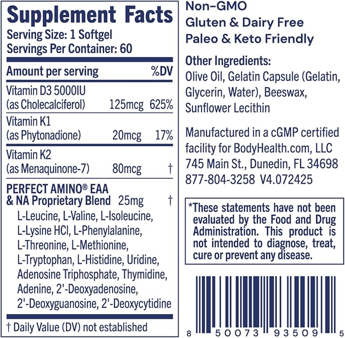 BodyHealth D3 + MK7 - Vitamin D3 5000IU, Vitamin K1, Vitamin K2 - Easy to Swallow Supplement, Supports Bone Strength & Calcium Absorbtion* - 60 Softgels