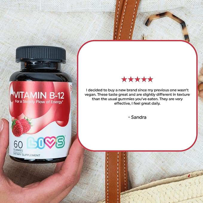 LIVS Vitamin B12 Gummies for Adults & Kids | Vegan Methylcobalamin B12 Supplement | Energy, Metabolism & Nerve Support | Raspberry Flavor | Non-GMO, Gluten-Free, Pectin-Based | 120 Count