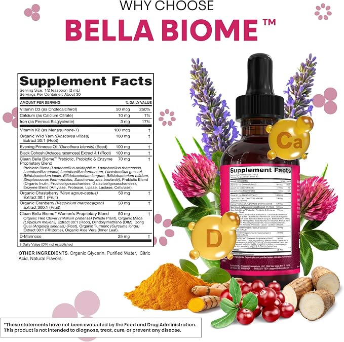 Liquid Probiotics for Women Drops with Chasteberry, Black Cohosh, Prebiotics, Digestive Enzymes, Evening Primrose Oil, Wild Yam, Cranberry Dmannose and Iron Vitamin D3 K2 Clean Nutra Bella Biotics (2)
