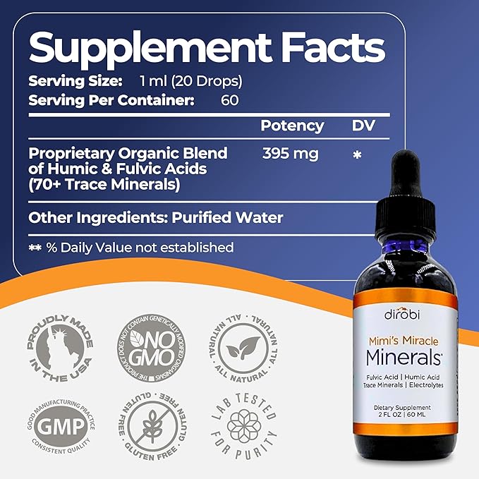 Mimi's Miracle Minerals Fulvic Acid Humic Acid - Trace Mineral Supplement, 70 Ionic Minerals - Organic Plant Derived Liquid (4 oz Refill, 120 Day Supply)