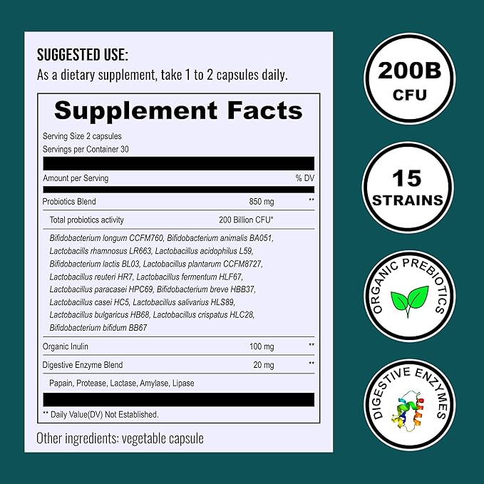 UpNourish Probiotics - 200 Billion CFUs for Men and Women, 15 Clinically Studied Strains, Prebiotics & Enzymes - 60 Vegan Capsules