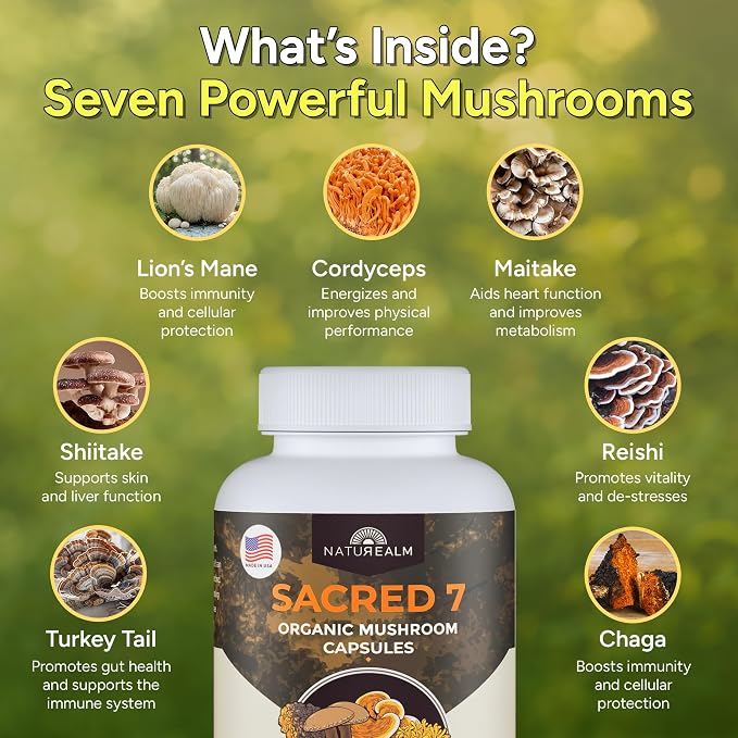 Naturealm Sacred 7 Mushroom 7-in-1 Blend Capsules Supplement (60 Day Supply) | Supports Daily Immune Defense & Focus | Lions Mane, Reishi, Chaga & More | Organic, Premium 100% Fruiting Body Extract
