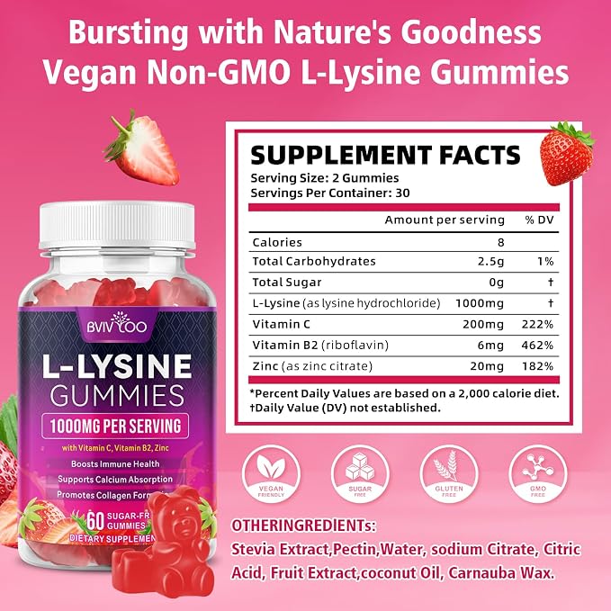 L-Lysine 1000mg Gummies for Immune Support & Skin Health - High Potency Vegan Gummies, Sugar-Free, Natural Berry Flavor, Gluten-Free Chewable Supplement for Adults & Kids - 60 Gummiess