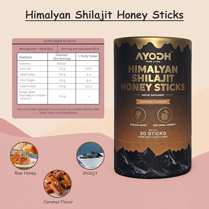 Pure Himalayan Shilajit Honey Sticks with Natural Honey & Caramel 30 Sticks | 75%+ Fulvic Acid, 85+ Trace Minerals | Support Energy & Immunity | Easy Single-Use Packets for Men & Women