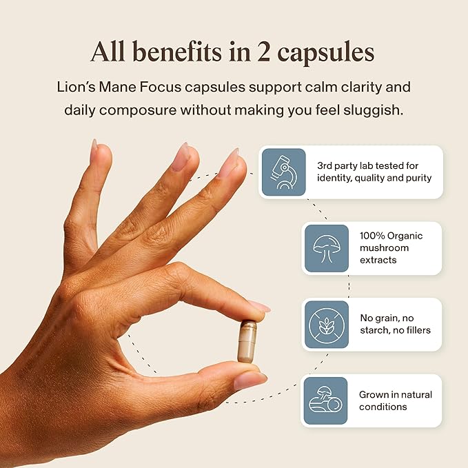 Real Mushrooms Lion’s Mane Calm Capsules (90 Count) – 400mg Organic Lions Mane Fruiting Body Extracts, 200mg Organic Reishi, 200mg AlphaWave L-Theanine for Calm Clarity & Relaxed Alertness, 90ct