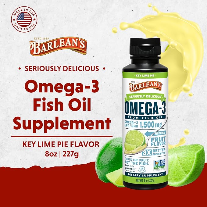 Barlean's Omega 3 Fish Oil Liquid Supplement for Men and Women, 1500mg of EPA and DHA Fatty Acid, Promotes Brain & Heart Health - Non-GMO, Key Lime Pie, 8 oz