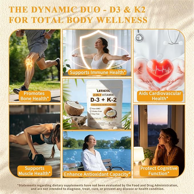 2-in-1 Vitamin D3 K2 Supplement Softgel, Vitamin D3 5000 IU and Vitamin K2 100 mcg, K2 MK7 with D3 Vitamin Supplement Support Immune, Heart, Joint, Teeth & Bone Health