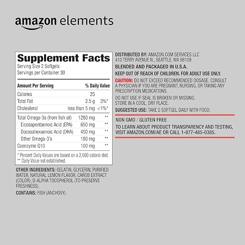 Amazon Elements Omega 3 Fish Oil + CoQ10, Natural Lemon Flavor, Wild-caught, 1250mg Omega-3s, 60 Softgels