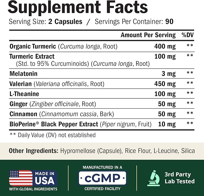 Melatonin 3mg Sleep Aid with L-Theanine & Valerian Root – Turmeric Curcumin Supplement with Ginger & Black Pepper – Organic Turmeric Supplement for Sleep, Calm and Stress Relief Support – 180 Capsules