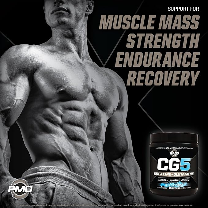 PMD Sports CG5 - Premium Creatine & L Glutamine Powder - Maximum Strength Power Recovery, Build Lean Muscle, Increase Workout Performance - Pre Workout & Post Workout - Blue Raspberry (30 Serv)
