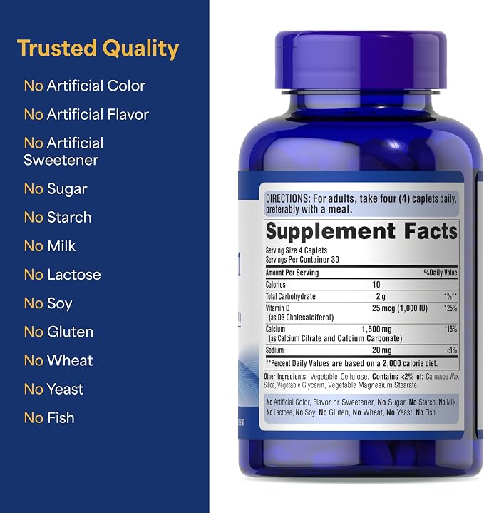 Puritan's Pride Absorbable Calcium 1500 mg Plus Vitamin D3 25mcg 1000 IU, Dietary Supplement for Bone Strength, Heart, Nerve, Muscle, and Immune Support, 120 Coated Caplets