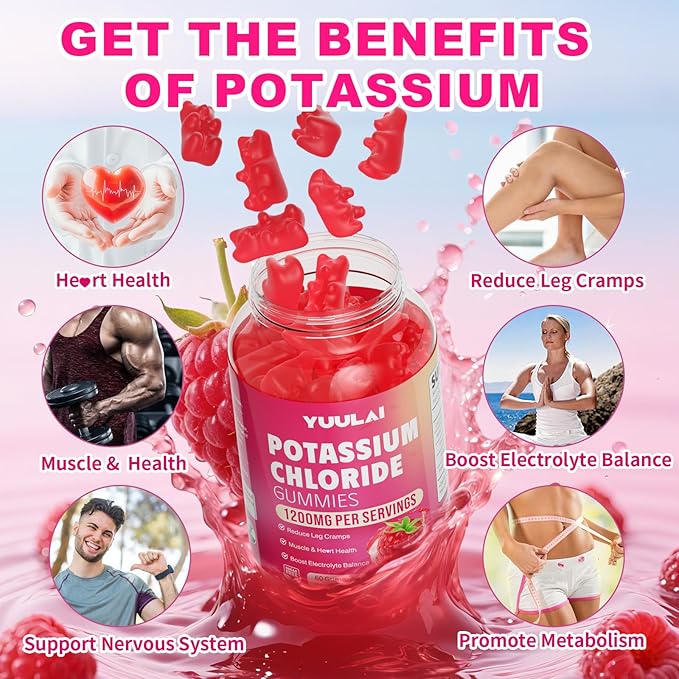Pack of 2 Potassium Gummies, Potassium Chloride Gummies 1200mg for Adults, Sugar-Free Potassium Supplement Support Leg Cramps & Electrolyte Balance, Raspberry Flavor, 120 Count