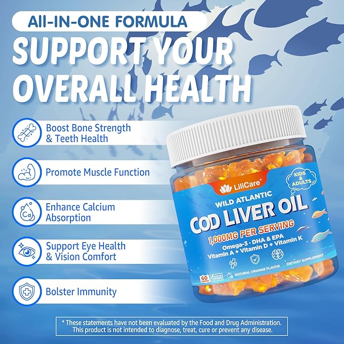 Cod Liver Oil Gummies 1000mg for Kids & Adults - w/Omega 3 (EPA & DHA), Vitamins A, D3 & K2 - Cod Liver Oil Omega 3 Gummies for Immune, Brain & Cognitive Support, Sugar-Free, Orange Flavor, 60Cts