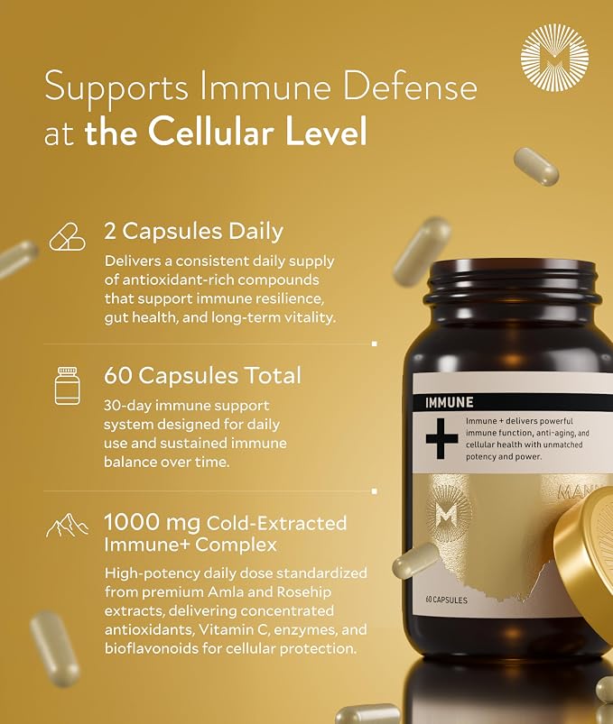 Manna Immune+ Capsules | 500mg Amla Extract & 500mg Rosehip Extract | Vitamin C Supplement for Immune Boost, Antioxidants, Heart Health, Digestion & Immune System Support | For Daily Use | 60 Count