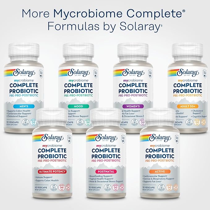SOLARAY Mycrobiome Complete Probiotic Adult 50 Plus - Pre and Probiotics for Women and Men Plus Postbiotic - 50 Billion CFU, 28 Strains - Vegan - 30 Servings, 30 VegCaps