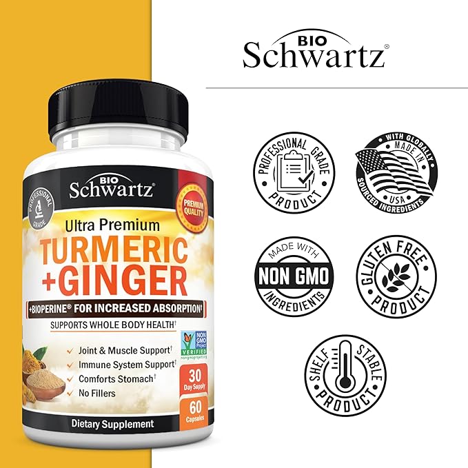Turmeric Curcumin and Ginger Supplement - 95% Standardized Curcuminoids with BioPerine Black Pepper Extract for Ultra High Absorption - Natural Joint Support Supplement - Gluten-Free - 60 Capsules