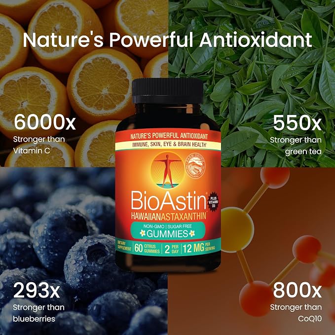 Nutrex Hawaii BioAstin Hawaiian Astaxanthin - 12mg, 60 Gummies - Farm-Direct Premium Antioxidant Supplement to Support Eye, Skin, Joint & Immune System Health - Non-GMO & Gluten-Free
