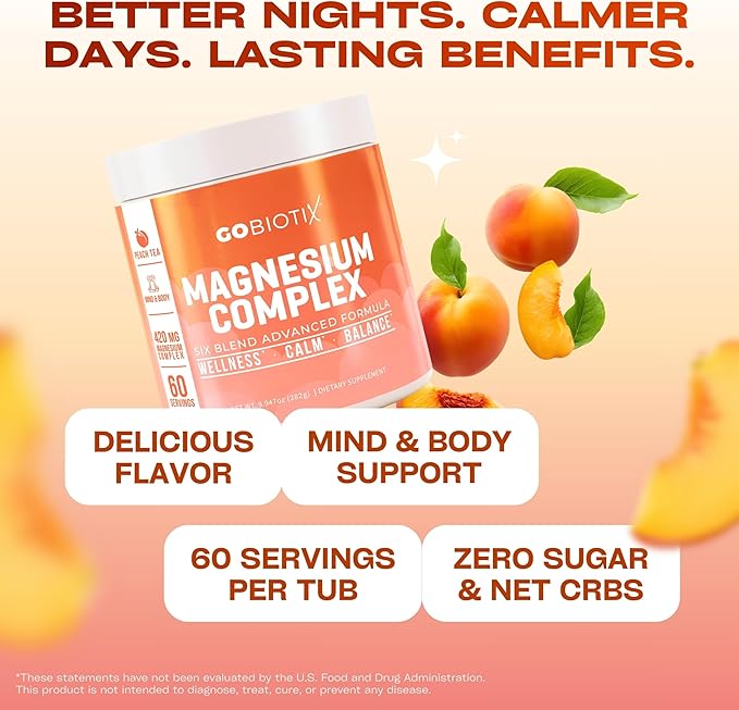 GoBiotix Magnesium Glycinate Powder – Cortisol Supplements for Women and Men – High Absorption Magnesium Complex Calm Supplement with Citrate, Malate – Sugar Free – 420 mg, 60 Servings - Peach Tea