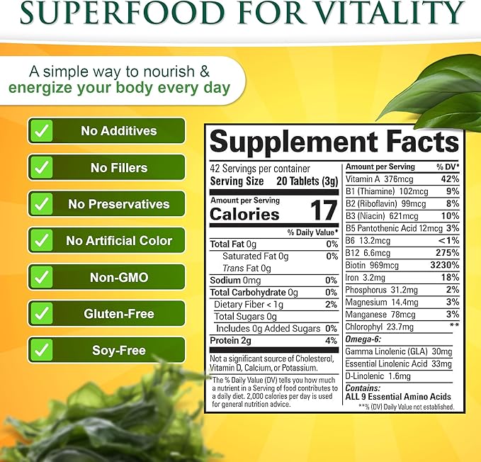 Sunlit Best Spirulina Tablets - Organic Spirulina Tablets USDA Premium 500 Count - Natural Spirulinas Organic Burst for Immune Support Muscle Growth, Energy Boost w/Chlorophyll - High Protein, Non GMO