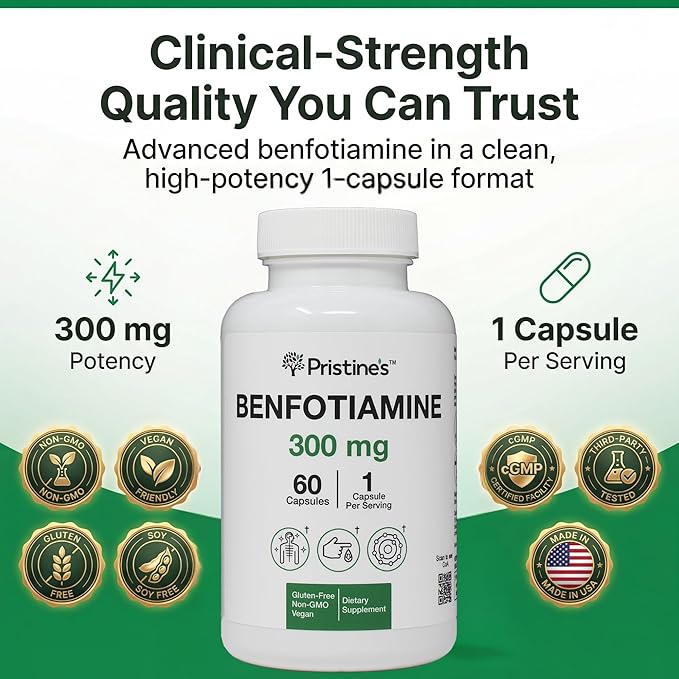 PRISTINE'S Benfotiamine 300mg High Bioavailability Nerve Support Supplement - 60 Day Supply - Fat Soluble Vitamin B1 Supplements - Vegan - Non-GMO