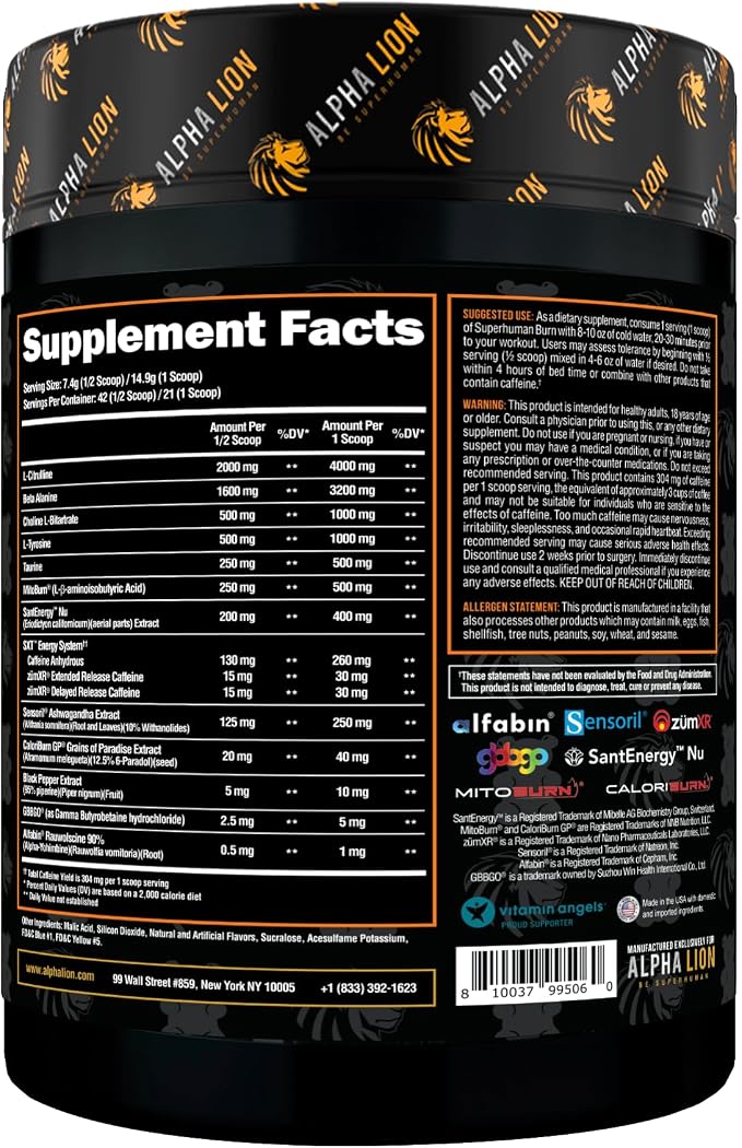 ALPHA LION Superhuman Burn, 2 in 1 Metabolism Booster Pre Workout and Men's Thermogenic Fat Burner, Sour Gummy Bear (Hulk Juice), Package Varies