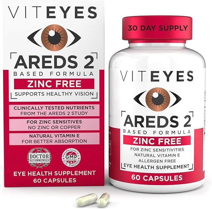 Viteyes AREDS 2 Zinc Free Macular Support, Natural Allergen Free Capsules with Vitamin E, Vitamin C, Lutein & Zeaxanthin, No Zinc, No Copper, Eye Doctor Trusted, Manufactured in the USA, 60 Ct