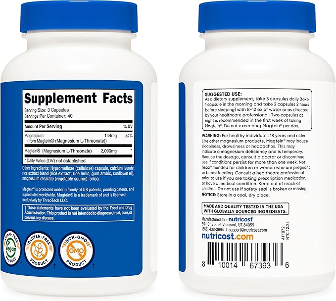 Nutricost Magnesium L-Threonate As Magtein 2000mg, 120 Capsules - Non-GMO, Gluten Free, Vegetarian Friendly