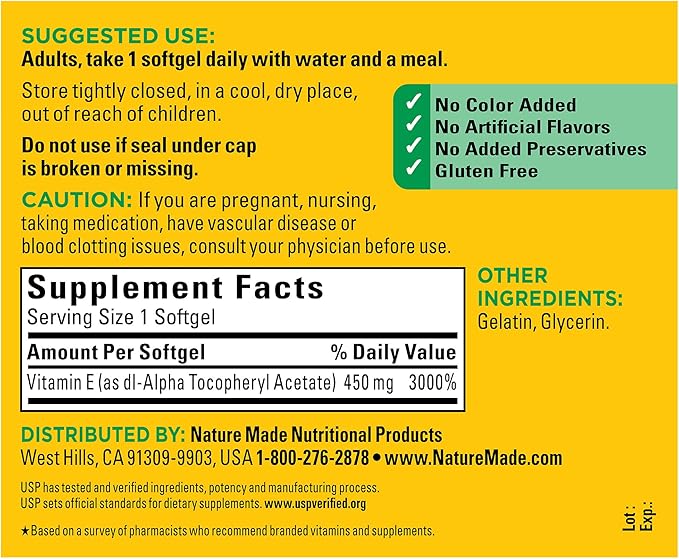 Nature Made Vitamin E 450 mg (1000 IU) dl-Alpha Softgels, 60 Count for Antioxidant Support (Pack of 3)