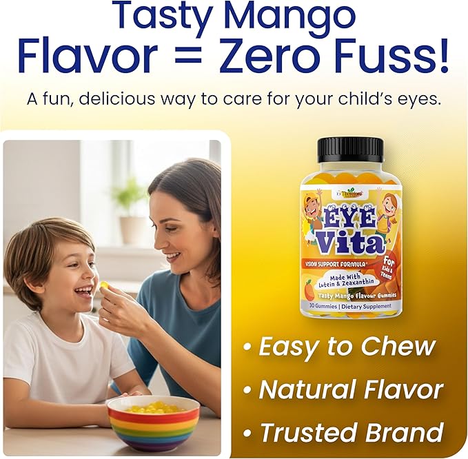 Kids Eye Vitamins - Eye Health Gummy for Kids & Teens, Lutein Gummies 12mg with Zeaxanthin 30 Easy-to-Chew, Mango Flavor Gummies - Natural, Vegan, and Non-GMO Formula