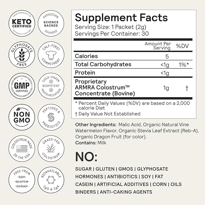ARMRA Colostrum Powder | Vine Watermelon | Gut Health & Bloating | Skin & Hair | Immunity | Keto, Gluten & Fat-Free | 30 Servings