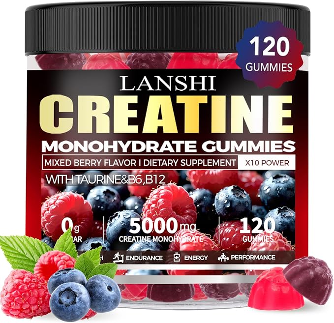 Creatine Monohydrate Gummies 5000mg - Sugar Free Pre Workout Supplement for Men & Women, Creatine Gummies for Muscle, Strength, Recovery, Cognitive Health & Memory, Mixed Berry Flavor, 120 Count